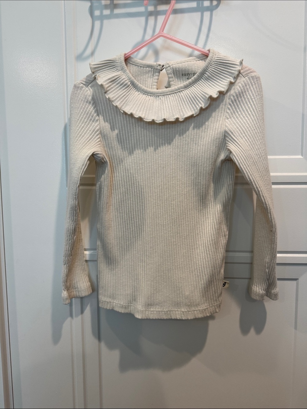 Girls' Cream Ribbed Long-Sleeve Top with Ruffle Collar